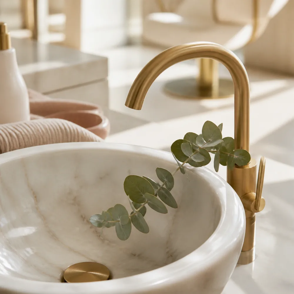 Messing-Armatur und Marmor-Waschbecken im Salon