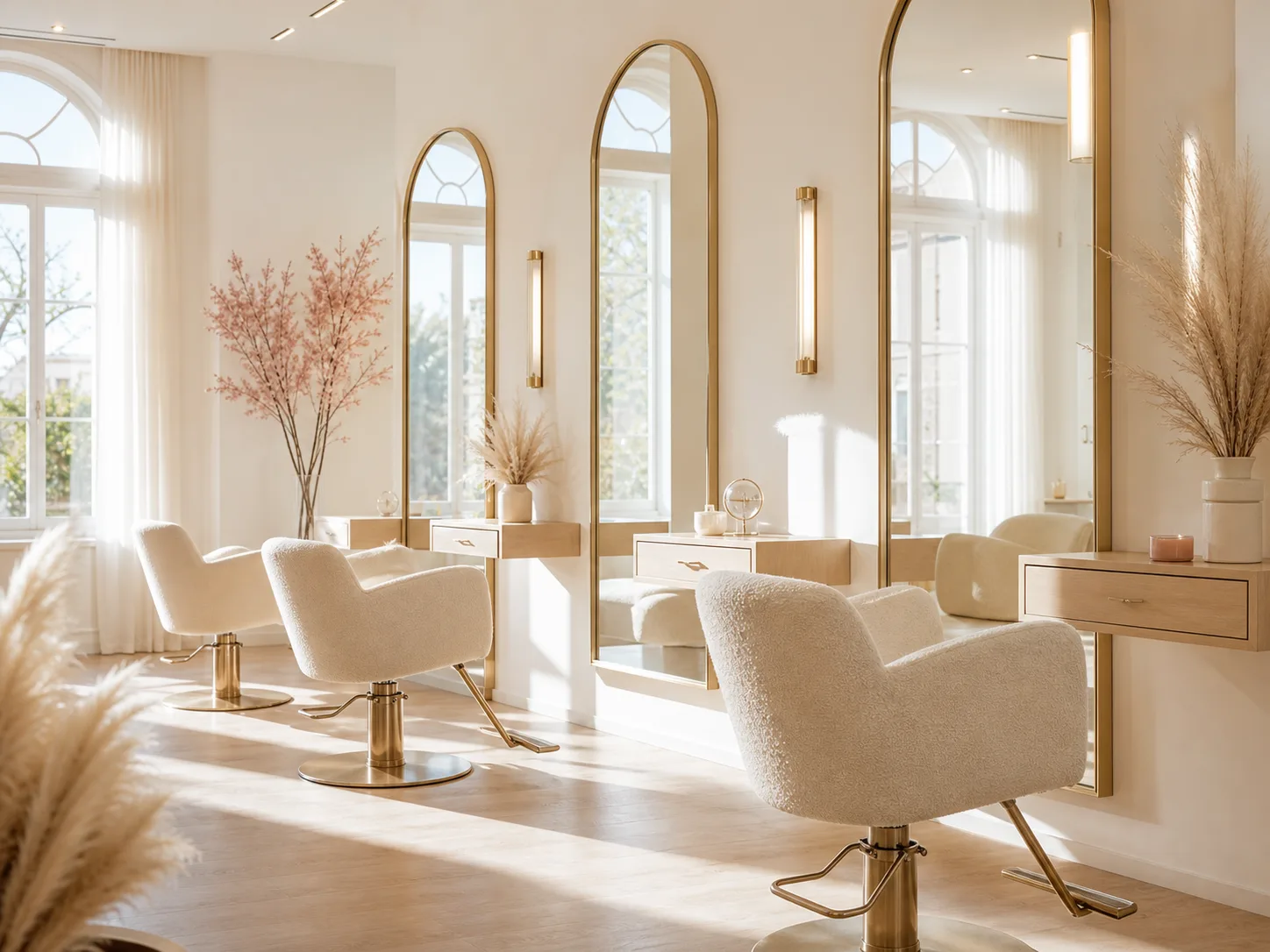 Lichtdurchfluteter Salon mit Bogen-Spiegeln und cremefarbener Einrichtung