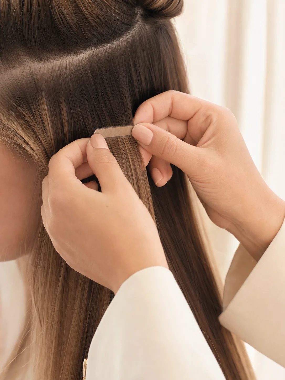 Stylistin arbeitet eine Tape-In Extension in das Haar ein