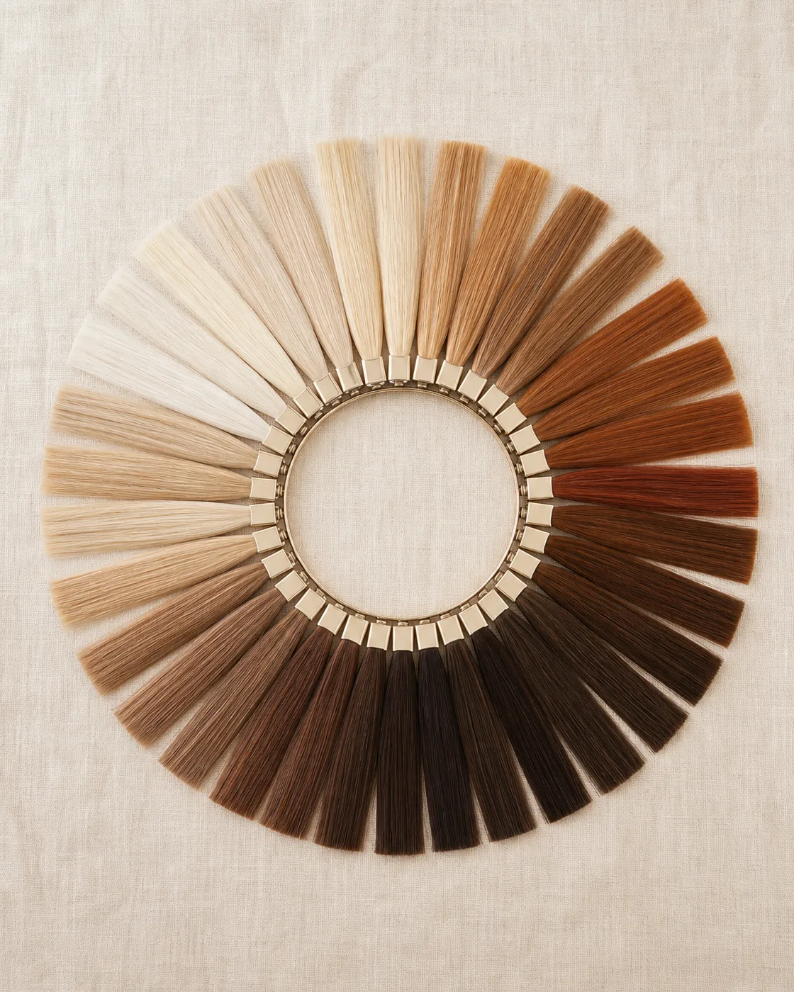 Farbring mit rund zwanzig Extensions-Nuancen von Platinblond bis Espresso