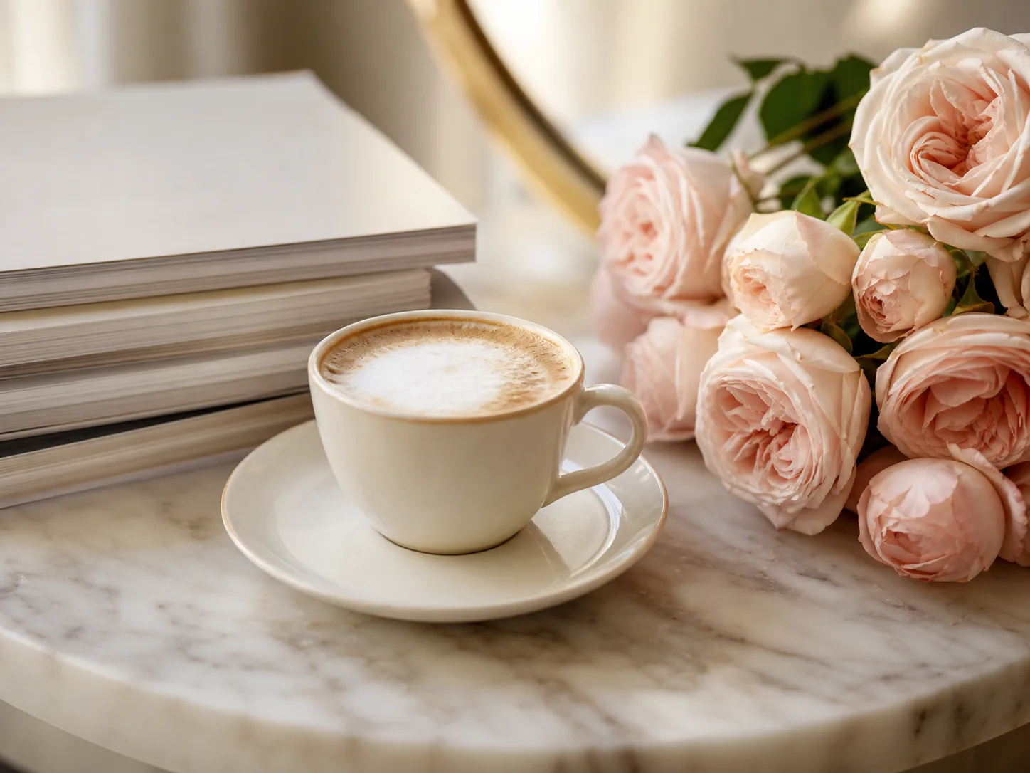 Cappuccino, Magazine und Rosen auf Marmortisch