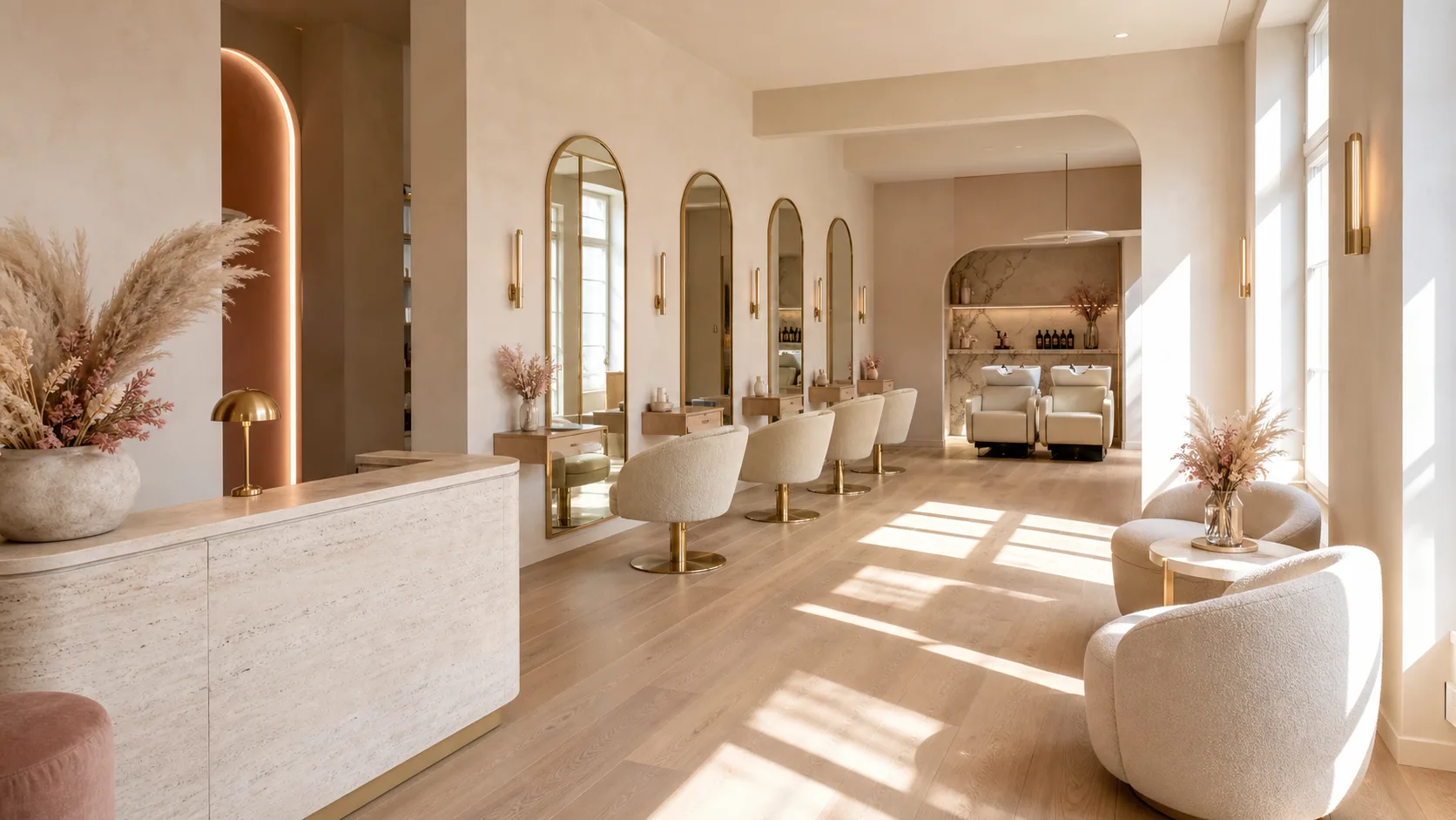 Weitwinkel-Ansicht des gesamten Salons mit Empfang, Styling-Plätzen und Waschbereich