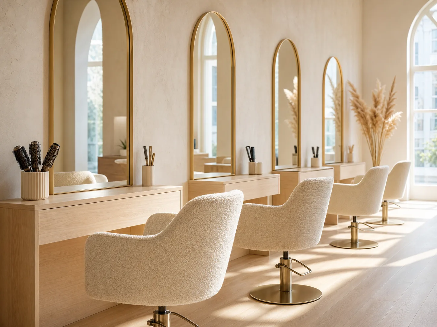 Styling-Plätze mit Bogen-Spiegeln in Messing